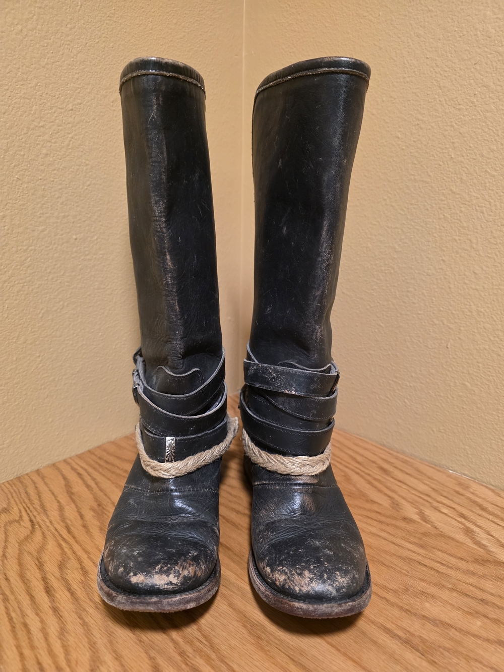 freebird "Drover" Black Leather Boots with Rope Wrap